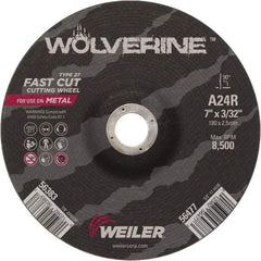 Weiler - 24 Grit, 7" Wheel Diam, 3/32" Wheel Thickness, 7/8" Arbor Hole, Type 27 Depressed Center Wheel - Coarse Grade, Aluminum Oxide, Resinoid Bond, R Hardness, 8,500 Max RPM - A1 Tooling