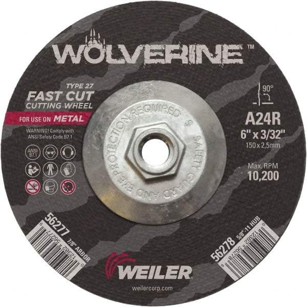 Weiler - 24 Grit, 6" Wheel Diam, 3/32" Wheel Thickness, Type 27 Depressed Center Wheel - Coarse Grade, Aluminum Oxide, Resinoid Bond, R Hardness, 10,200 Max RPM - A1 Tooling