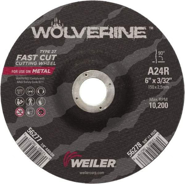 Weiler - 24 Grit, 6" Wheel Diam, 3/32" Wheel Thickness, 7/8" Arbor Hole, Type 27 Depressed Center Wheel - Coarse Grade, Aluminum Oxide, Resinoid Bond, R Hardness, 10,200 Max RPM - A1 Tooling