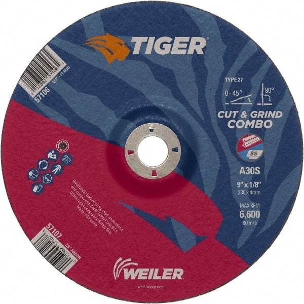 Weiler - 30 Grit, 9" Wheel Diam, 1/8" Wheel Thickness, 7/8" Arbor Hole, Type 27 Depressed Center Wheel - Medium Grade, Aluminum Oxide, Resinoid Bond, S Hardness, 6,600 Max RPM - A1 Tooling