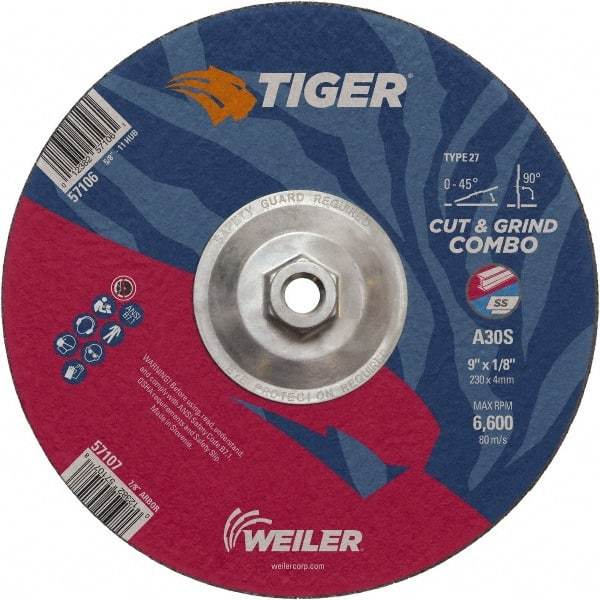 Weiler - 30 Grit, 9" Wheel Diam, 1/8" Wheel Thickness, Type 27 Depressed Center Wheel - Medium Grade, Aluminum Oxide, Resinoid Bond, S Hardness, 6,600 Max RPM - A1 Tooling