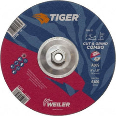 Weiler - 30 Grit, 9" Wheel Diam, 1/8" Wheel Thickness, Type 27 Depressed Center Wheel - Medium Grade, Aluminum Oxide, Resinoid Bond, S Hardness, 6,600 Max RPM - A1 Tooling