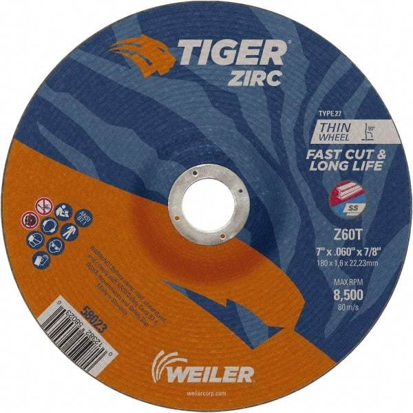 Weiler - 60 Grit, 7" Wheel Diam, 7/8" Arbor Hole, Type 27 Depressed Center Wheel - Medium Grade, Zirconia Alumina, Resinoid Bond, T Hardness, 8,500 Max RPM - A1 Tooling