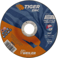 Weiler - 60 Grit, 5" Wheel Diam, 7/8" Arbor Hole, Type 27 Depressed Center Wheel - Medium Grade, Zirconia Alumina, Resinoid Bond, T Hardness, 12,200 Max RPM - A1 Tooling