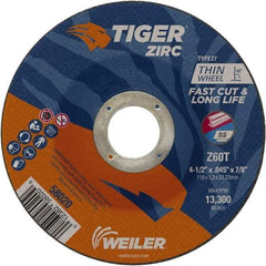 Weiler - 60 Grit, 4-1/2" Wheel Diam, 7/8" Arbor Hole, Type 27 Depressed Center Wheel - Medium Grade, Zirconia Alumina, Resinoid Bond, T Hardness, 13,300 Max RPM - A1 Tooling