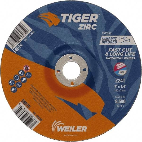 Weiler - 24 Grit, 7" Wheel Diam, 1/4" Wheel Thickness, 7/8" Arbor Hole, Type 27 Depressed Center Wheel - Coarse Grade, Zirconia Alumina, Resinoid Bond, T Hardness, 8,500 Max RPM - A1 Tooling