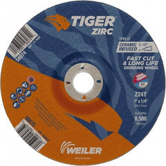 Weiler - 24 Grit, 7" Wheel Diam, 1/4" Wheel Thickness, 7/8" Arbor Hole, Type 27 Depressed Center Wheel - Coarse Grade, Zirconia Alumina, Resinoid Bond, T Hardness, 8,500 Max RPM - A1 Tooling