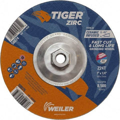 Weiler - 24 Grit, 7" Wheel Diam, 1/4" Wheel Thickness, Type 27 Depressed Center Wheel - Coarse Grade, Zirconia Alumina, Resinoid Bond, T Hardness, 8,500 Max RPM - A1 Tooling