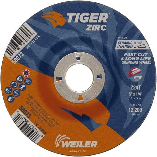 Weiler - 24 Grit, 5" Wheel Diam, 1/4" Wheel Thickness, 7/8" Arbor Hole, Type 27 Depressed Center Wheel - Coarse Grade, Zirconia Alumina, Resinoid Bond, T Hardness, 12,200 Max RPM - A1 Tooling