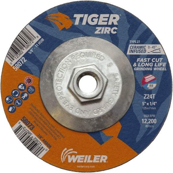 Weiler - 24 Grit, 5" Wheel Diam, 1/4" Wheel Thickness, Type 27 Depressed Center Wheel - Coarse Grade, Zirconia Alumina, Resinoid Bond, T Hardness, 12,200 Max RPM - A1 Tooling