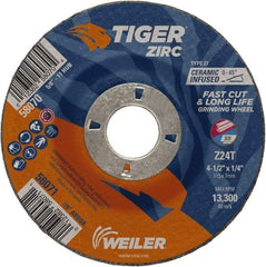 Weiler - 24 Grit, 4-1/2" Wheel Diam, 1/4" Wheel Thickness, 7/8" Arbor Hole, Type 27 Depressed Center Wheel - Coarse Grade, Zirconia Alumina, Resinoid Bond, T Hardness, 13,300 Max RPM - A1 Tooling