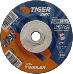 Weiler - 24 Grit, 4-1/2" Wheel Diam, 1/4" Wheel Thickness, Type 27 Depressed Center Wheel - Coarse Grade, Zirconia Alumina, Resinoid Bond, T Hardness, 13,300 Max RPM - A1 Tooling