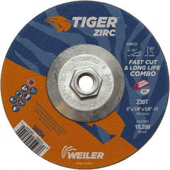 Weiler - 30 Grit, 6" Wheel Diam, 1/8" Wheel Thickness, Type 27 Depressed Center Wheel - Medium Grade, Zirconia Alumina, Resinoid Bond, T Hardness, 10,200 Max RPM - A1 Tooling