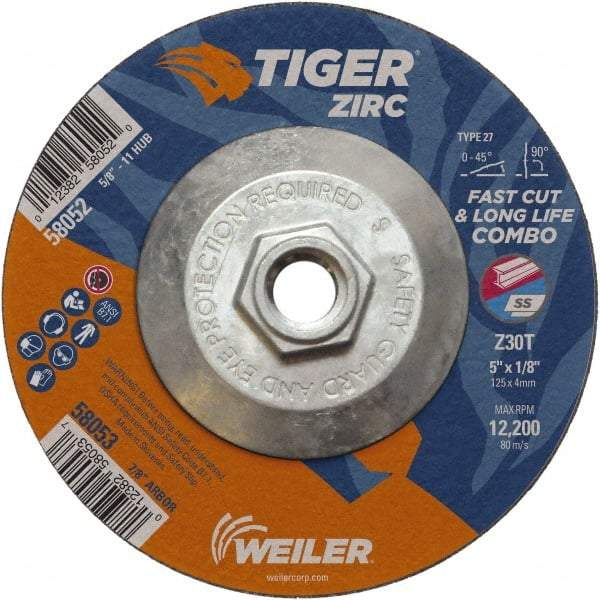 Weiler - 30 Grit, 5" Wheel Diam, 1/8" Wheel Thickness, Type 27 Depressed Center Wheel - Medium Grade, Zirconia Alumina, Resinoid Bond, T Hardness, 12,200 Max RPM - A1 Tooling