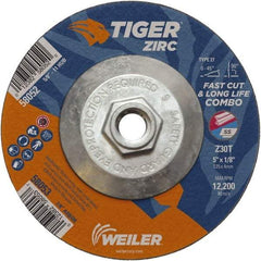 Weiler - 30 Grit, 5" Wheel Diam, 1/8" Wheel Thickness, Type 27 Depressed Center Wheel - Medium Grade, Zirconia Alumina, Resinoid Bond, T Hardness, 12,200 Max RPM - A1 Tooling