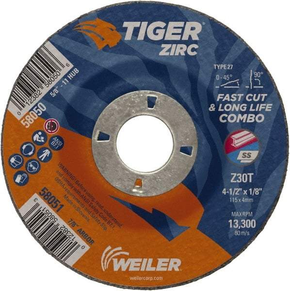 Weiler - 30 Grit, 4-1/2" Wheel Diam, 1/8" Wheel Thickness, 7/8" Arbor Hole, Type 27 Depressed Center Wheel - Medium Grade, Zirconia Alumina, Resinoid Bond, T Hardness, 13,300 Max RPM - A1 Tooling