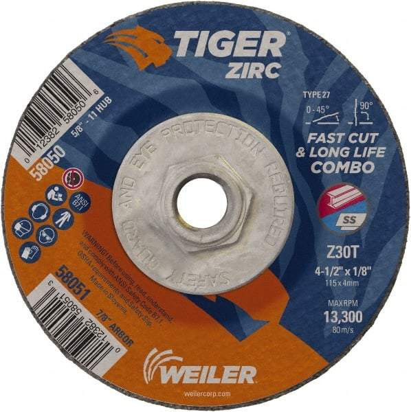 Weiler - 30 Grit, 4-1/2" Wheel Diam, 1/8" Wheel Thickness, Type 27 Depressed Center Wheel - Medium Grade, Zirconia Alumina, Resinoid Bond, T Hardness, 13,300 Max RPM - A1 Tooling