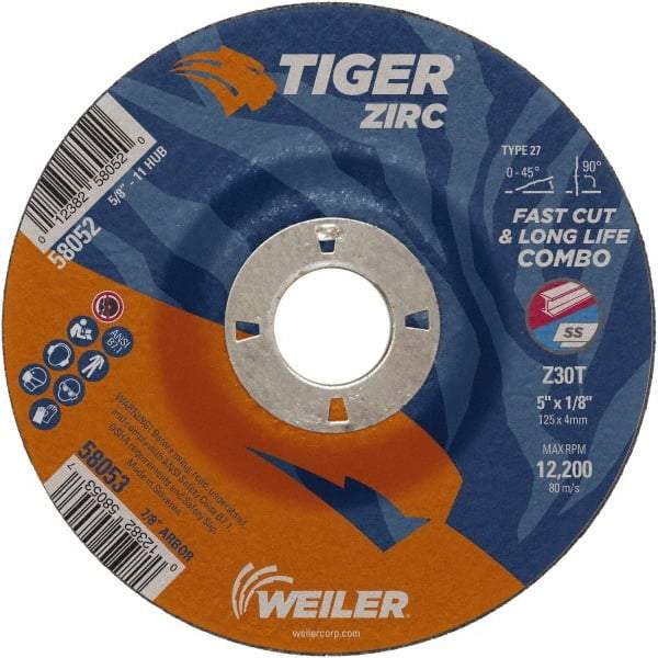 Weiler - 30 Grit, 5" Wheel Diam, 1/8" Wheel Thickness, 7/8" Arbor Hole, Type 27 Depressed Center Wheel - Medium Grade, Zirconia Alumina, Resinoid Bond, T Hardness, 12,200 Max RPM - A1 Tooling