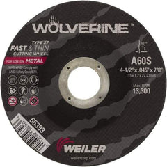 Weiler - 60 Grit, 4-1/2" Wheel Diam, 7/8" Arbor Hole, Type 27 Depressed Center Wheel - Medium Grade, Aluminum Oxide, Resinoid Bond, S Hardness, 13,300 Max RPM - A1 Tooling