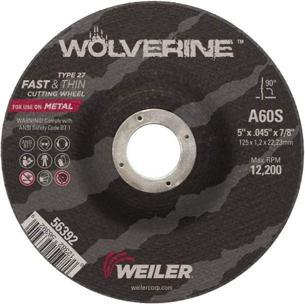 Weiler - 60 Grit, 5" Wheel Diam, 7/8" Arbor Hole, Type 27 Depressed Center Wheel - Medium Grade, Aluminum Oxide, Resinoid Bond, S Hardness, 12,200 Max RPM - A1 Tooling