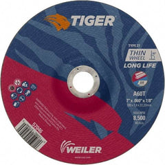 Weiler - 60 Grit, 7" Wheel Diam, 7/8" Arbor Hole, Type 27 Depressed Center Wheel - Medium Grade, Aluminum Oxide, Resinoid Bond, T Hardness, 8,500 Max RPM - A1 Tooling