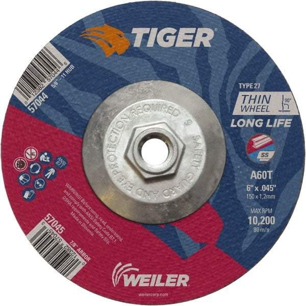 Weiler - 60 Grit, 6" Wheel Diam, Type 27 Depressed Center Wheel - Medium Grade, Aluminum Oxide, Resinoid Bond, T Hardness, 10,200 Max RPM - A1 Tooling