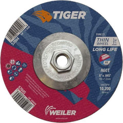 Weiler - 60 Grit, 6" Wheel Diam, 7/8" Arbor Hole, Type 27 Depressed Center Wheel - Medium Grade, Aluminum Oxide, Resinoid Bond, T Hardness, 10,200 Max RPM - A1 Tooling