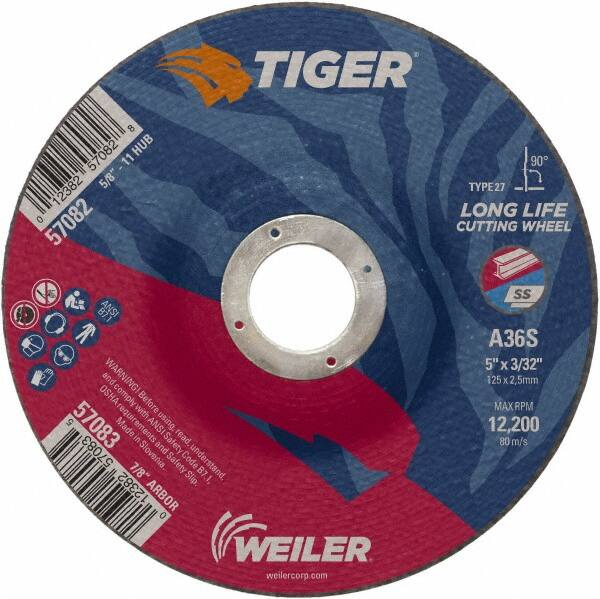 Weiler - 60 Grit, 5" Wheel Diam, 3/32" Wheel Thickness, 7/8" Arbor Hole, Type 27 Depressed Center Wheel - Medium Grade, Aluminum Oxide, Resinoid Bond, T Hardness, 12,200 Max RPM - A1 Tooling