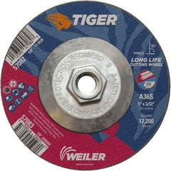 Weiler - 60 Grit, 5" Wheel Diam, 3/32" Wheel Thickness, Type 27 Depressed Center Wheel - Medium Grade, Aluminum Oxide, Resinoid Bond, T Hardness, 12,200 Max RPM - A1 Tooling