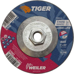 Weiler - 60 Grit, 5" Wheel Diam, Type 27 Depressed Center Wheel - Medium Grade, Aluminum Oxide, Resinoid Bond, T Hardness, 12,200 Max RPM - A1 Tooling