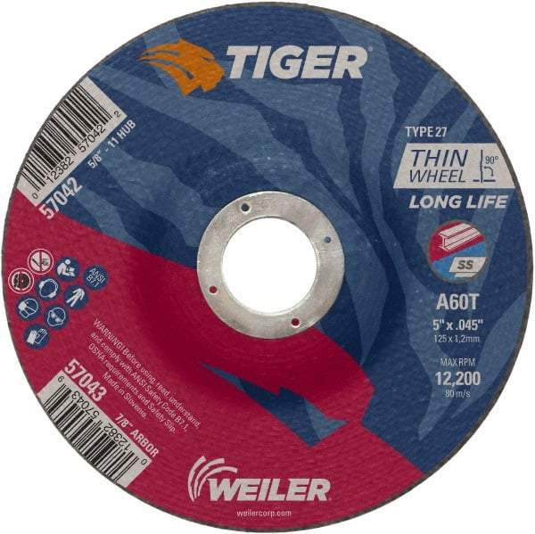 Weiler - 60 Grit, 5" Wheel Diam, 7/8" Arbor Hole, Type 27 Depressed Center Wheel - Medium Grade, Aluminum Oxide, Resinoid Bond, T Hardness, 12,200 Max RPM - A1 Tooling