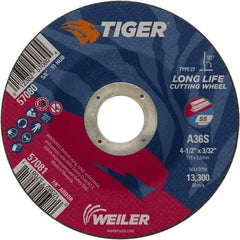 Weiler - 60 Grit, 4-1/2" Wheel Diam, 3/32" Wheel Thickness, 7/8" Arbor Hole, Type 27 Depressed Center Wheel - Medium Grade, Aluminum Oxide, Resinoid Bond, T Hardness, 13,300 Max RPM - A1 Tooling