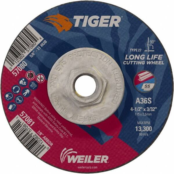 Weiler - 60 Grit, 4-1/2" Wheel Diam, 3/32" Wheel Thickness, Type 27 Depressed Center Wheel - Medium Grade, Aluminum Oxide, Resinoid Bond, T Hardness, 13,300 Max RPM - A1 Tooling