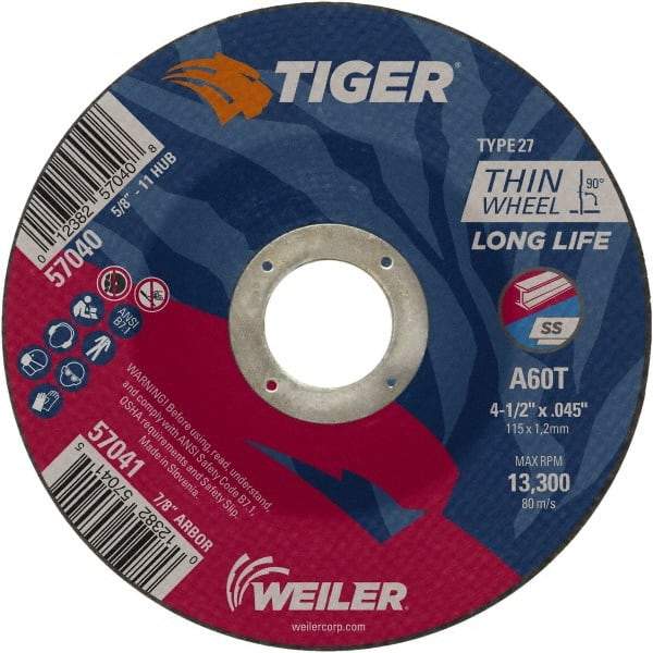 Weiler - 60 Grit, 4-1/2" Wheel Diam, Type 27 Depressed Center Wheel - Medium Grade, Aluminum Oxide, Resinoid Bond, T Hardness, 13,300 Max RPM - A1 Tooling