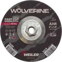 Weiler - 24 Grit, 6" Wheel Diam, 1/4" Wheel Thickness, Type 27 Depressed Center Wheel - Coarse Grade, Aluminum Oxide, Resinoid Bond, R Hardness, 10,200 Max RPM - A1 Tooling