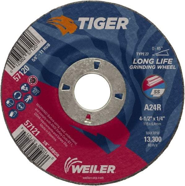 Weiler - 24 Grit, 4-1/2" Wheel Diam, 1/4" Wheel Thickness, 7/8" Arbor Hole, Type 27 Depressed Center Wheel - Coarse Grade, Aluminum Oxide, Resinoid Bond, R Hardness, 13,300 Max RPM - A1 Tooling