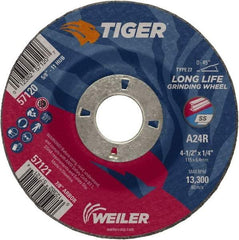 Weiler - 24 Grit, 4-1/2" Wheel Diam, 1/4" Wheel Thickness, 7/8" Arbor Hole, Type 27 Depressed Center Wheel - Coarse Grade, Aluminum Oxide, Resinoid Bond, R Hardness, 13,300 Max RPM - A1 Tooling