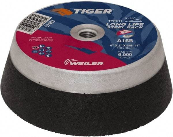 Weiler - 6" Diam, 5/8" Hole Size, 2" Overall Thickness, 16 Grit, Type 11 Tool & Cutter Grinding Wheel - Very Coarse Grade, Aluminum Oxide, R Hardness, Resinoid Bond, 6,000 RPM - A1 Tooling