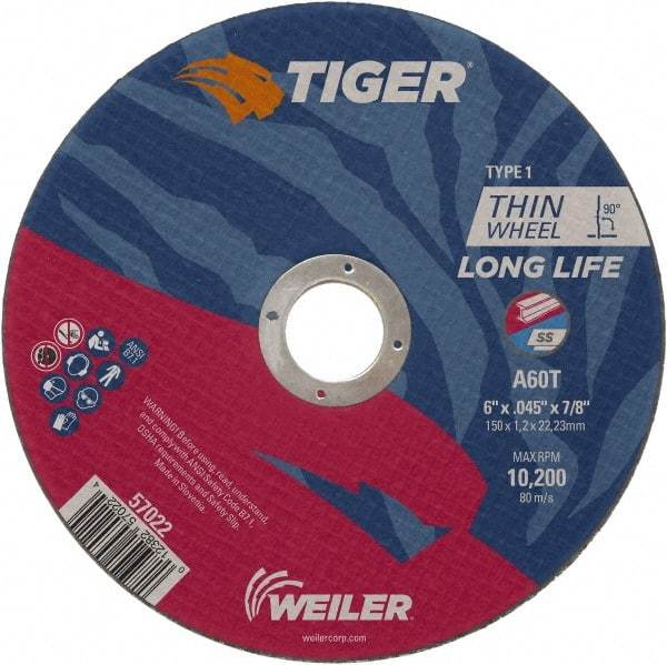 Weiler - 6" 60 Grit Aluminum Oxide Cutoff Wheel - 0.045" Thick, 7/8" Arbor, 10,200 Max RPM, Use with Angle Grinders - A1 Tooling