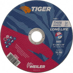 Weiler - 6" 60 Grit Aluminum Oxide Cutoff Wheel - 0.045" Thick, 7/8" Arbor, 10,200 Max RPM, Use with Angle Grinders - A1 Tooling