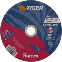 Weiler - 7" 60 Grit Aluminum Oxide Cutoff Wheel - 0.045" Thick, 7/8" Arbor, 8,500 Max RPM, Use with Angle Grinders - A1 Tooling