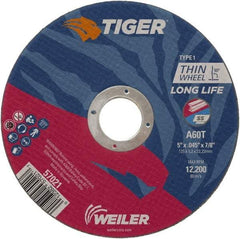 Weiler - 5" 60 Grit Aluminum Oxide Cutoff Wheel - 0.045" Thick, 7/8" Arbor, 12,200 Max RPM, Use with Angle Grinders - A1 Tooling