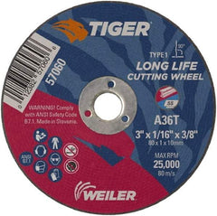 Weiler - 3" 36 Grit Aluminum Oxide Cutoff Wheel - 1/16" Thick, 3/8" Arbor, 25,000 Max RPM, Use with Die Grinders - A1 Tooling