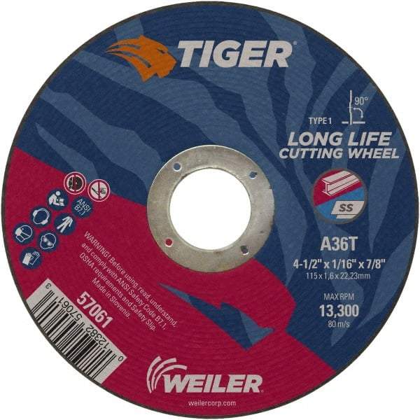 Weiler - 4-1/2" 60 Grit Aluminum Oxide Cutoff Wheel - 1/16" Thick, 7/8" Arbor, 13,300 Max RPM, Use with Angle Grinders - A1 Tooling