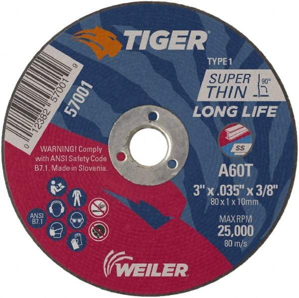 Weiler - 3" 60 Grit Aluminum Oxide Cutoff Wheel - 0.035" Thick, 3/8" Arbor, 25,000 Max RPM, Use with Die Grinders - A1 Tooling