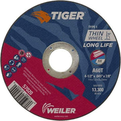 Weiler - 4-1/2" 60 Grit Aluminum Oxide Cutoff Wheel - 0.045" Thick, 7/8" Arbor, 13,300 Max RPM, Use with Angle Grinders - A1 Tooling