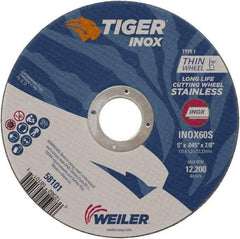 Weiler - 5" 60 Grit Aluminum Oxide Cutoff Wheel - 0.045" Thick, 7/8" Arbor, 12,200 Max RPM, Use with Angle Grinders - A1 Tooling