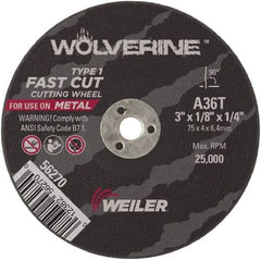 Weiler - 3" 36 Grit Aluminum Oxide Cutoff Wheel - 1/8" Thick, 1/4" Arbor, 25,000 Max RPM, Use with Die Grinders - A1 Tooling