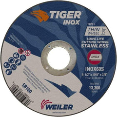 Weiler - 4-1/2" 60 Grit Aluminum Oxide Cutoff Wheel - 0.045" Thick, 7/8" Arbor, 13,300 Max RPM, Use with Angle Grinders - A1 Tooling