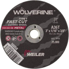 Weiler - 4" 36 Grit Aluminum Oxide Cutoff Wheel - 1/16" Thick, 3/8" Arbor, 15,200 Max RPM, Use with Die Grinders - A1 Tooling